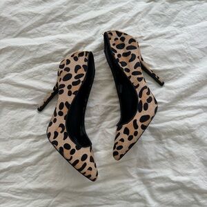 Tan and black leopard print pointed toe heels